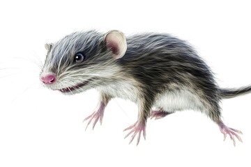 Detailed illustration of a small, curious rodent with gray fur and bright eyes