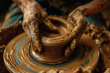 Fototapeta premium hands shaping clay on pottery wheel