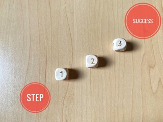 Three numbered wooden dice on a wood surface show a clear path to success, highlighting the idea of...