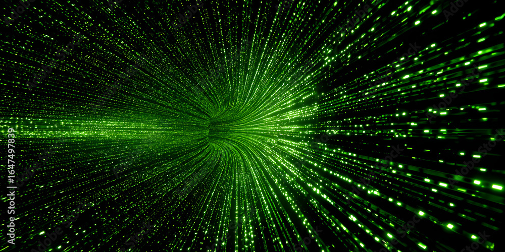 Poster a striking abstract image of a futuristic digital tunnel filled with glowing green data streams, cre