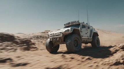 Focused medium shot of a rugged offroad vehicle fitted with lidar technology navigating uneven dunes while the surrounding arid landscape fades into a smooth bokeh effect.