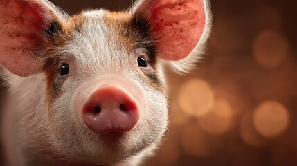 Cute piglet with curious expression posing against a blurred warm background in a farm setting during daylight