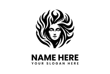 Intricate Black and White Logo Featuring a Womans Face and Flowing Hair.