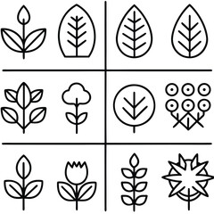 Fototapeta premium Abstract Botanical Illustrations of Leaves and Flowers in a Grid Layout