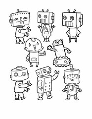 Charming collection of cute, hand-drawn robots expressing various fun emotions and poses for creative projects.