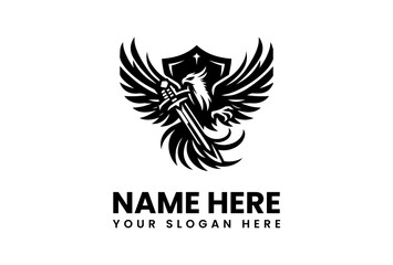Majestic Phoenix Emblem with Sword and Shield in Bold Black Silhouette.