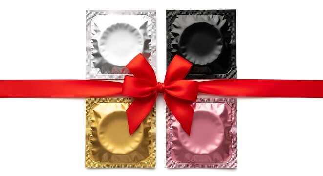 Four Wrapped Condoms In Different Colors Tied With A Red Ribbon protection safe sex