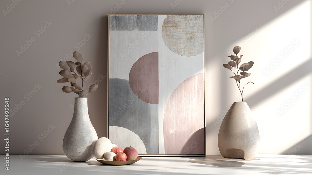 Poster overlapping geometric layers create a serene composition in pale shades, showcasing abstract art des