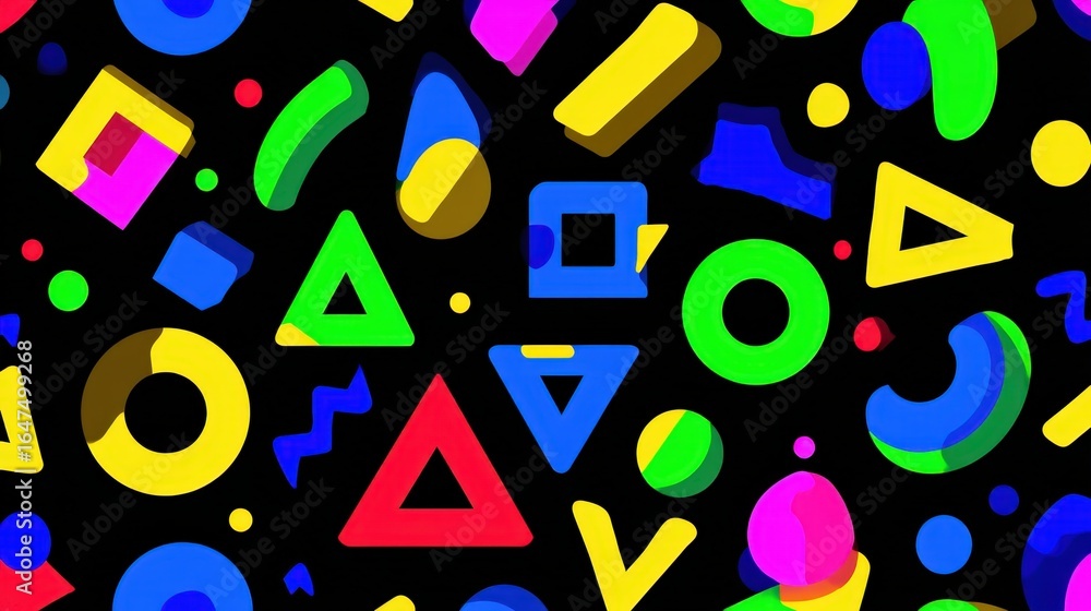 Poster vibrant 80s retro geometric shapes seamless pattern background design bold colorful triangles circle