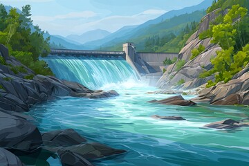 PASTELOWA ILUSTRACJA ZAPORY WODNEJ W GÓRZYSTYM TERENIE