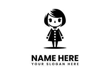 Minimalist Black and White Logo of a Smiling Girl in Dress.