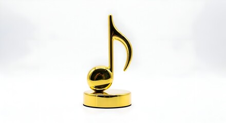 Simple music award trophy shaped like a musical note, made of polished gold, clean and white background