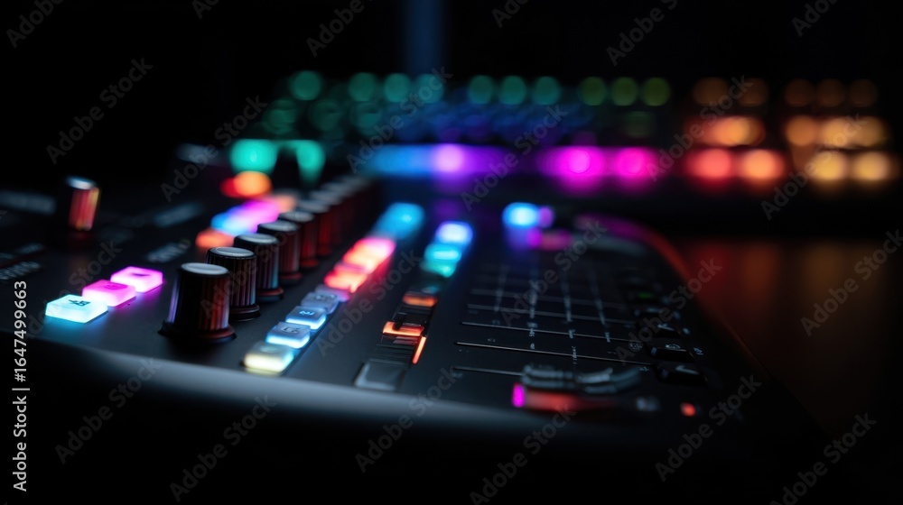 Poster professional audio mixer with colorful backlit buttons and knobs illuminating dark studio, creating 