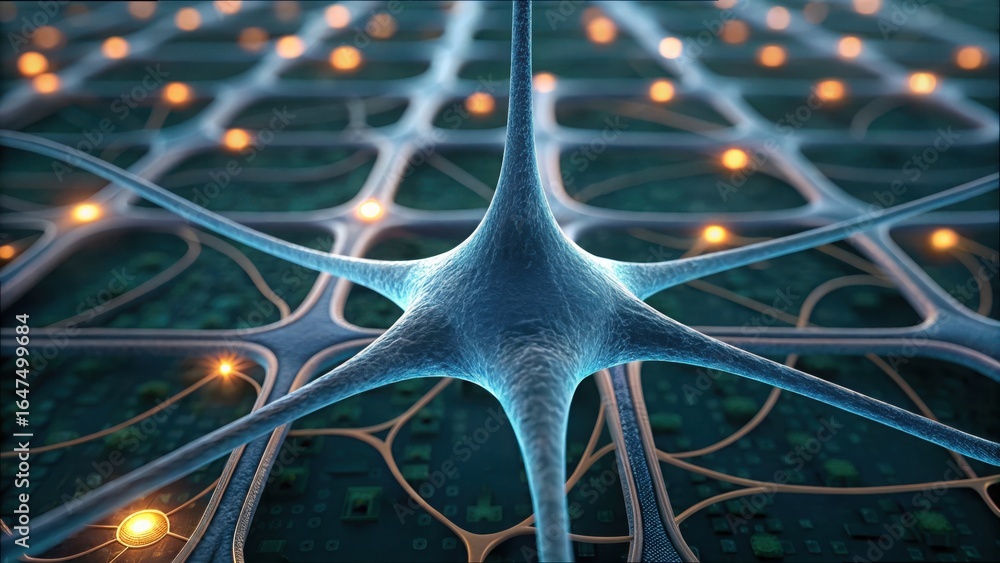 Poster detailed view of brain cells connected to microchip technology