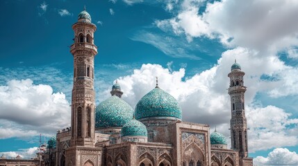 Fototapeta premium Majestic Mosque under a Vivid Blue Sky Architectural Wonders of Islamic Design and Spirituality