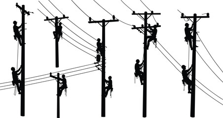 Silhouette of Linemen Climbing Utility Poles, Performing Electrical Repairs, Wearing Safety Gear, Working on Power Lines, Maintenance Team at Work