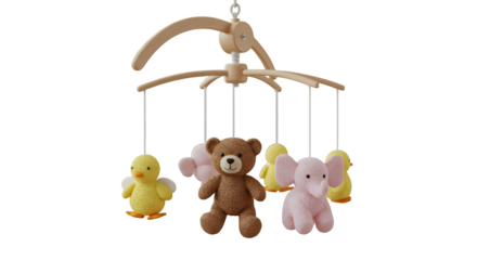 Colorful plush baby mobile hangs against a black background. Toy product photography, nursery branding, posters.