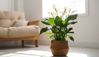 Peace lily plant in a woven basket, bathed in sunlight, in a modern living room