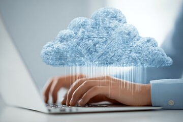 Hands typing on laptop with cloud graphic