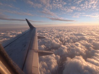 Obraz premium Airplane wing over a vast expanse of clouds at sunset