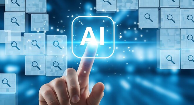 Finger touching a glowing ai icon surrounded by digital blocks with magnifying glass
