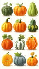 Diverse collection of pumpkins and squash displayed in various shapes and colors for autumn harvest celebration