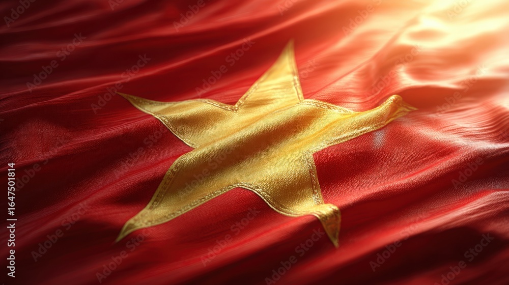 Aufkleber close up view of a vietnamese flag draped with a golden star symbol waving gently in the sunlight