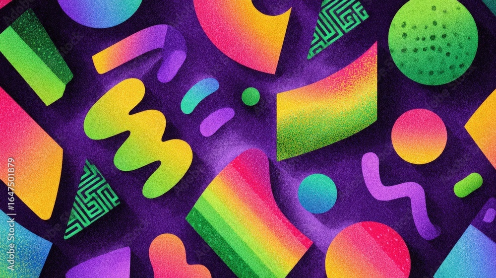 Poster vibrant 90s retro geometric abstract background design with rainbow gradient shapes and textures