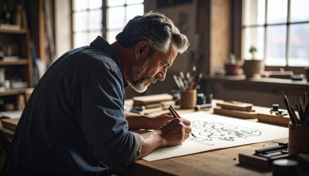 Mature Artist Concentrating On Calligraphy In Studio