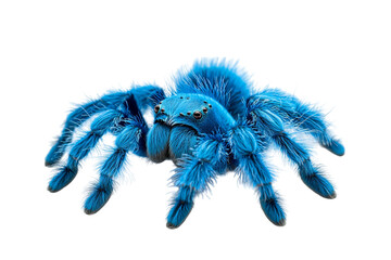 A vibrant blue tarantula displays its fluffy legs and striking coloration against a black background.