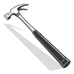 A classic claw hammer with a black handle casting a long shadow on a white background
