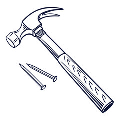 A claw hammer and two nails isolated on a white background in a stylized line art illustration
