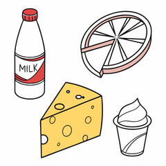 A cute collection of dairy products including milk cheese and yogurt with a slice of citrus fruit