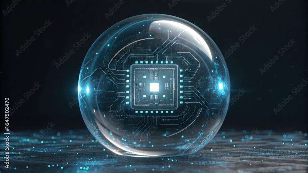 Poster high-tech node embedded in glass sphere surrounded by digital elements
