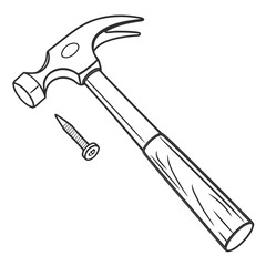 Black and white illustration of a claw hammer and a screw on a white background