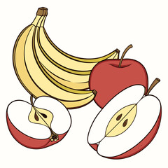 Bunch of yellow bananas and red apples one whole and two halves with seeds on a white background