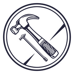 Circular emblem featuring a claw hammer and a nail set tool in a stylized design