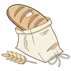 Cartoon illustration of a loaf of bread in a paper bag with a wheat stalk on a white background