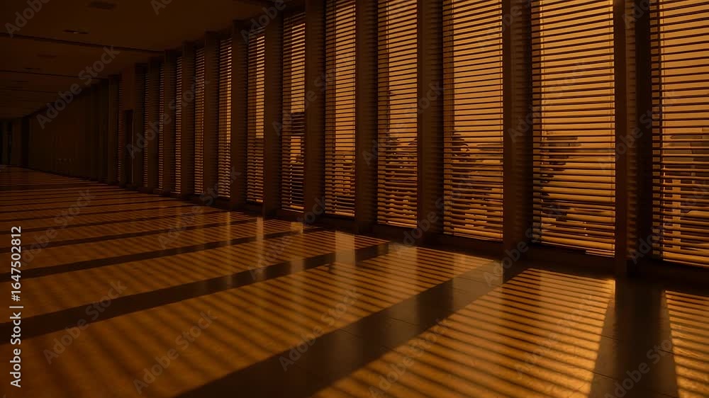 Poster empty corridor with large windows and horizontal blinds casting long shadows on polished floor in wa