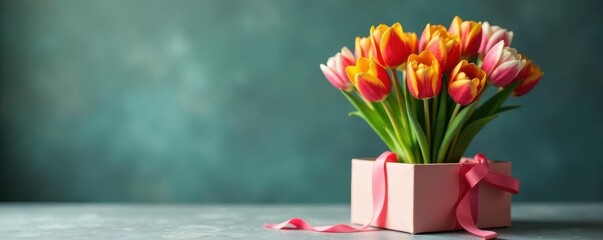 Colorful tulips in a jug, nestled in a gift box , spring, celebration, birthday