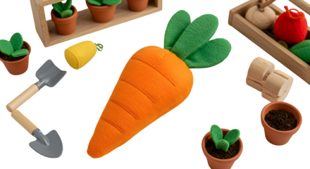 Bright orange carrot plush toy, gardening tools, and small plants with a flat, smooth texture, perfect for kid's product photography or whimsical branding.