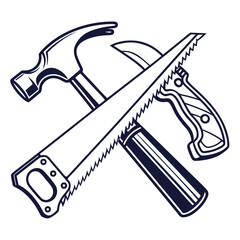 Classic carpentry tools crossed hammer and hand saw in a simple outline illustration