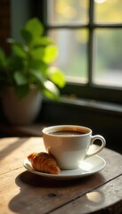 Fototapeta premium Coffee cup and croissant on rustic table, sunlit, cozy, wood, objects