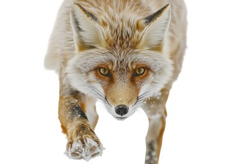 Obraz premium A close-up of a golden-brown fox emerging through the snow.