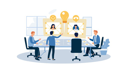 Business meeting with online participants and idea generation in a modern office space setting