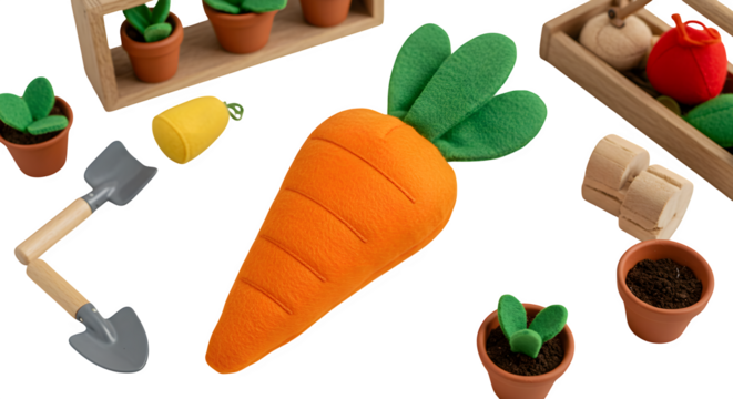 Bright orange carrot plush toy, gardening tools, and small plants with a flat, smooth texture, perfect for kid's product photography or whimsical branding.