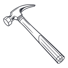 Classic claw hammer with a wooden handle depicted in a clean black and white line art illustration