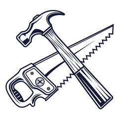 Classic hammer and saw tools crossed together in a stylized outline illustration