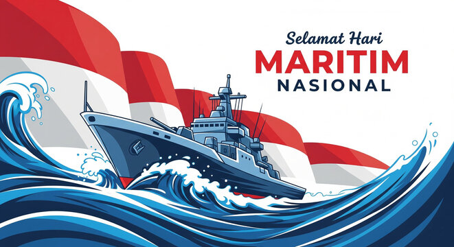 Dynamic illustration of a naval ship sailing through waves with Indonesian flag background