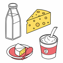 Collection of dairy products including milk cheese and yogurt in a simple isometric line art style